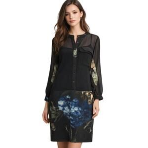 NU Denmark Dress Womens XS Black Blue Floral Sheer Button Romantic Goth Boho NEW